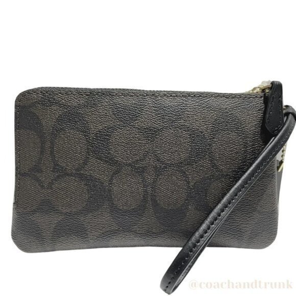 NWT COACH DOUBLE Corner Zip Wristlet In Signature "C" Dark Brown Gold Accents - Picture 11 of 14